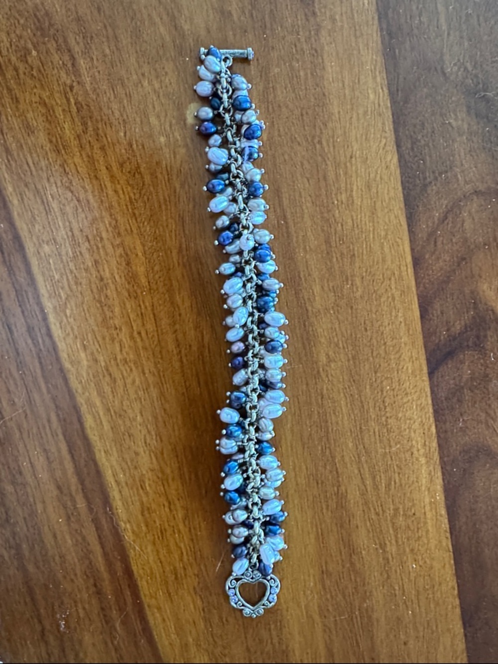 Shades of Blue, Grey and White Pearl Bracelet with Heart Toggle - Handmade